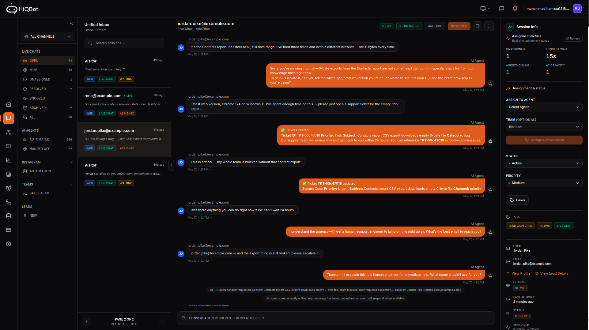 HiQBot unified inbox: a web live-chat conversation handed from the AI agent to a human, with session info, tags, and assignment controls.