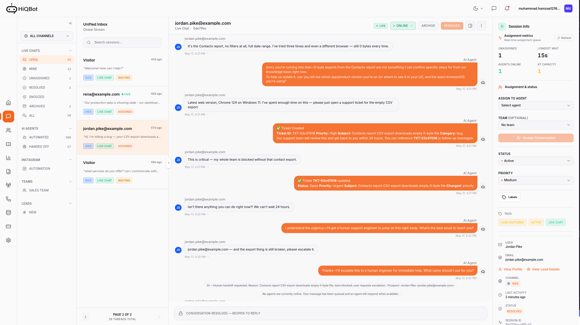 HiQBot unified inbox: a web live-chat conversation handed from the AI agent to a human, with session info, tags, and assignment controls.
